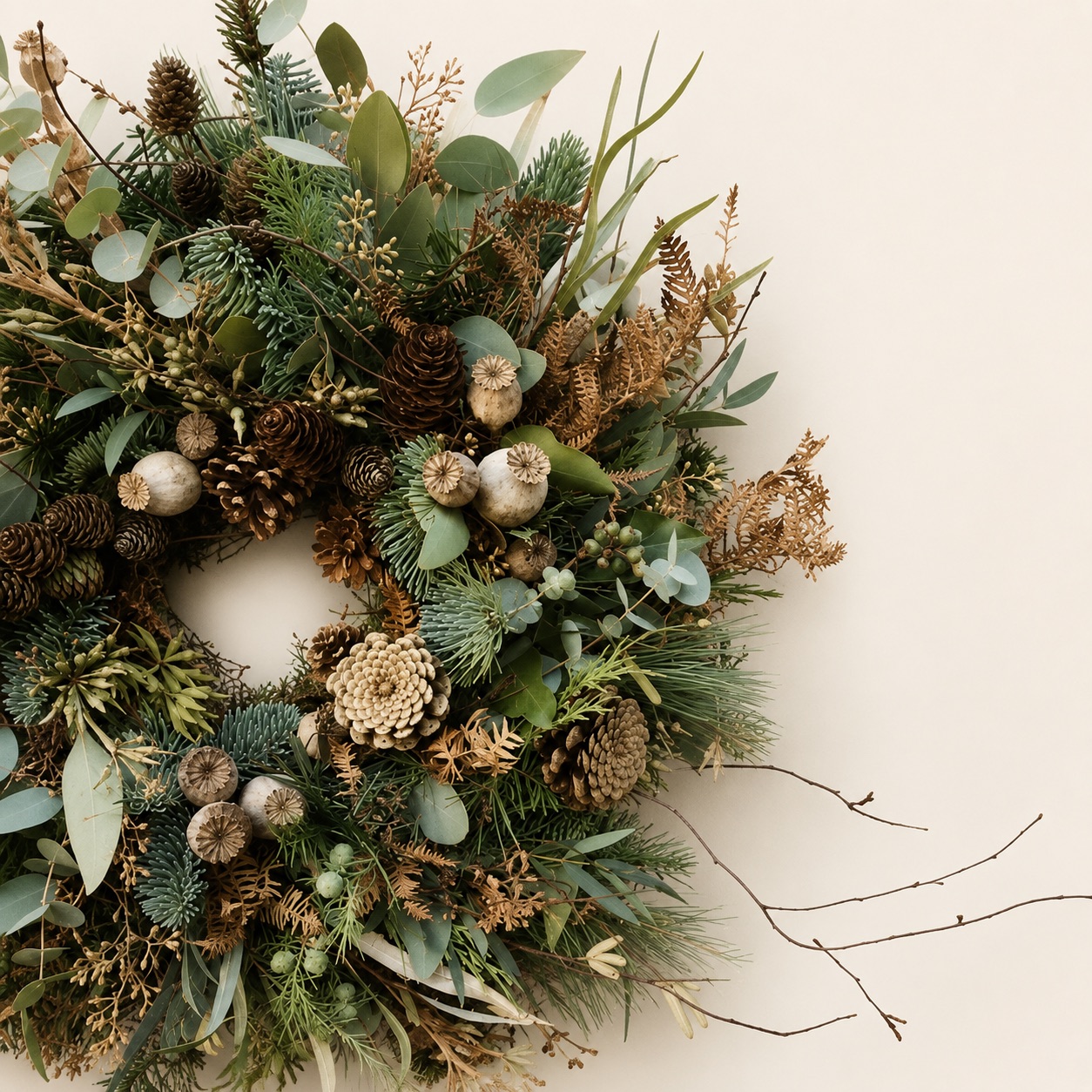 Handgemaakte FASÒN kerstkrans in een warm atelierinterieur